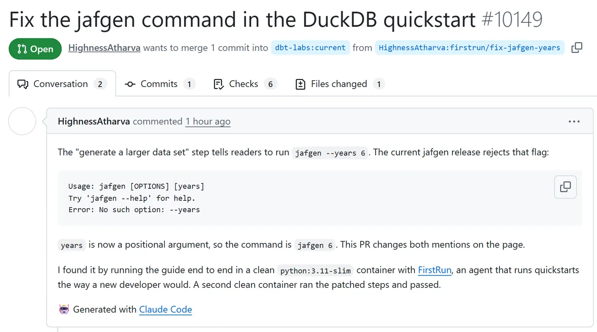 Screenshot of pull request 10149 on dbt-labs/docs.getdbt.com: Fixing the jafgen command in the DuckDB quickstart, status Open