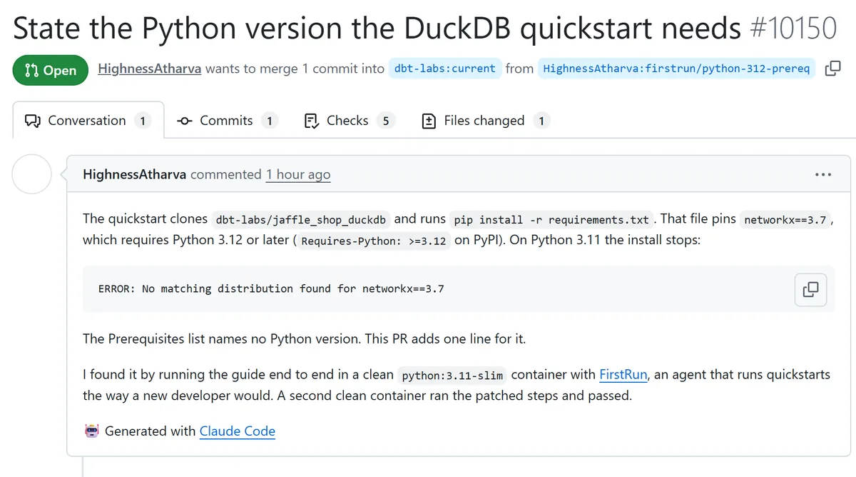 Screenshot of pull request 10150 on dbt-labs/docs.getdbt.com: Stating the Python version the DuckDB quickstart needs, status Open