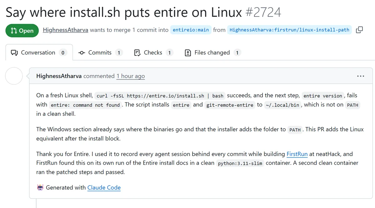 Screenshot of pull request 2724 on entireio/cli: Saying where install.sh puts entire on Linux, status Open