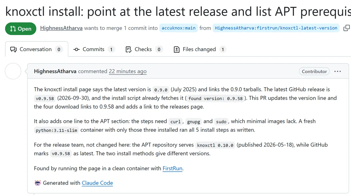 Screenshot of pull request 671 on accuknox/help: Pointing knoxctl install at the latest release and listing APT prerequisites, status Open